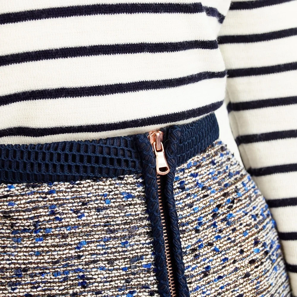 J. CREW Navy Tweed Skirt w Gold Zipper Front Slit